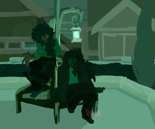 a very roughly painted image of kaeya and diluc sitting on some benches. the entire piece is shades of green, and very unfinished