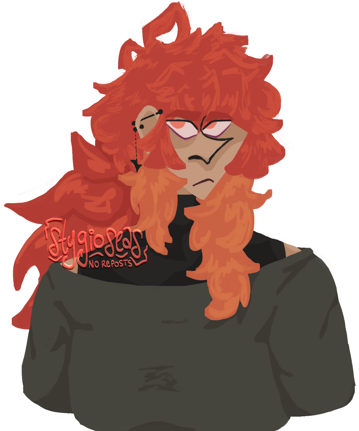 a bust of diluc. hes in a tank top with a turtleneck, an off the shoulder t-shirt and has an industrial piercing.